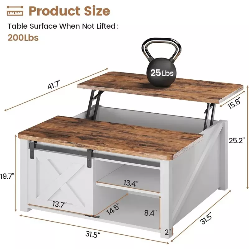 Meja kopi angkat atas 31.5 "dengan penyimpanan, meja kopi persegi untuk ruang tamu, meja kopi Farmhouse