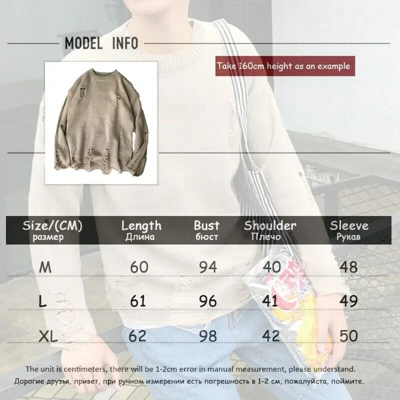Ripped Loose Sweater Knitted Pullover Cutout Beggar Crew Neck Long Sleeves Trend Korean Style Can Be Worn By Men and Women Punk