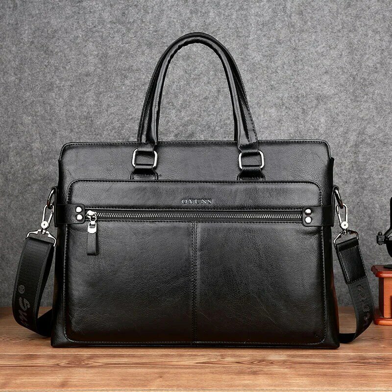 Business Leather Men's Briefcase Horizontal Men's Handbag Large Capacity Shoulder Messenger Bag Office Male Laptop Bag