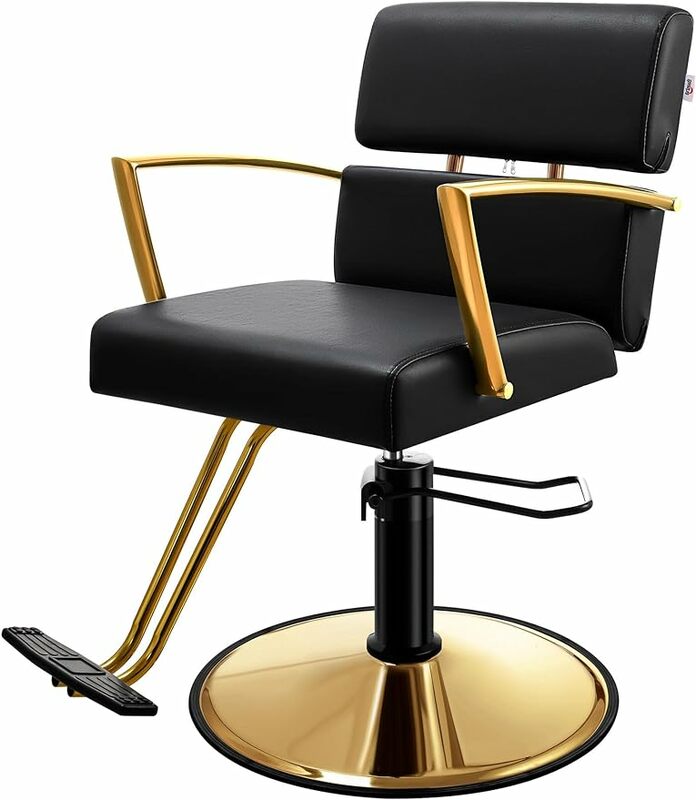 Baasha Salon Chair for Hair Stylist, Gold with Black Leather Salon Chairs, Heavy-Duty Barber Chair Beauty Spa Equipment, Max Loa