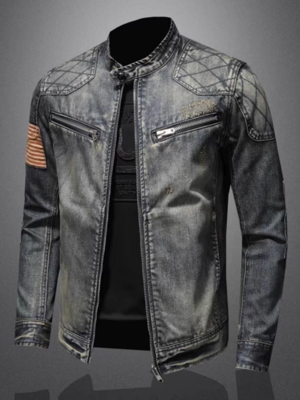 2024 new men's denim jacket trendy retro fashion casual stand-up collar zipper jacket handsome riding biker clothing denim tops