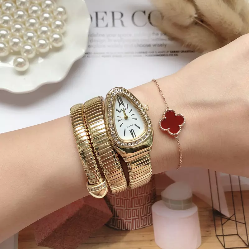 여성용 스네이크 쿼츠 골드 시계, 여성용 다이아몬드 손목시계, 여성용 패션 팔찌 시계, 럭셔리 브랜드 시계, 신제품