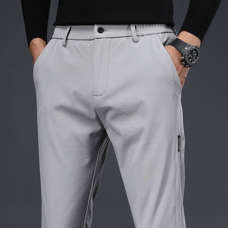 Высокоэластичные тонкие повседневные брюки для мужчин 2024, деловые облегающие классические мужские брюки, черные, серые, зеленые модные брюки
