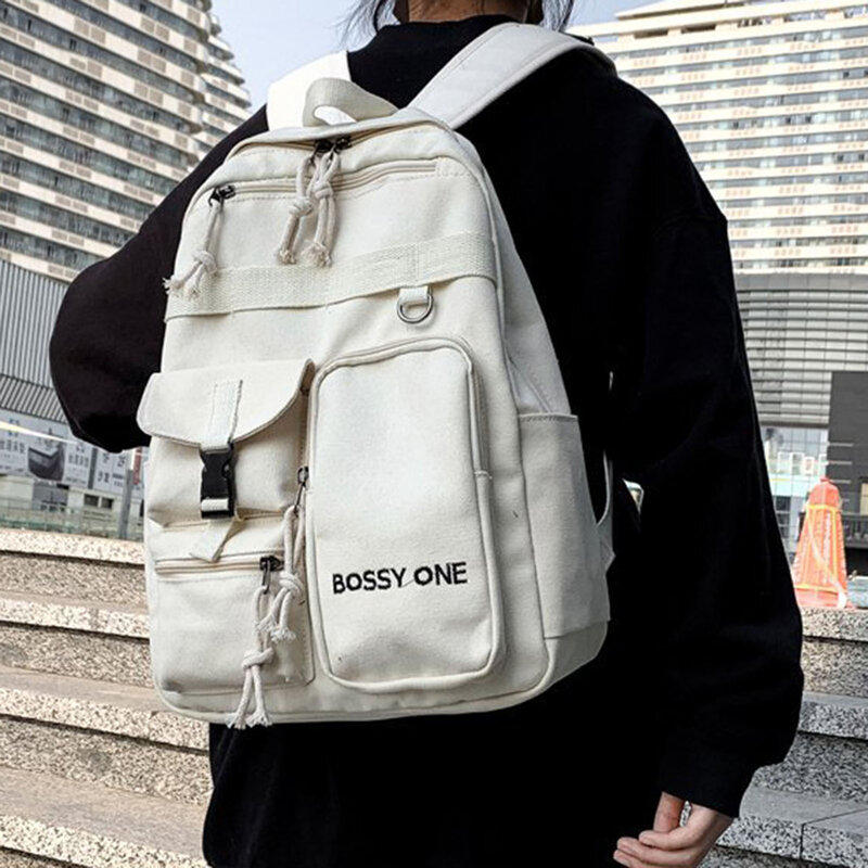 Bolso de hombro con múltiples bolsillos para escuela, mochila escolar de Color sólido, negro/blanco, trabajo deportivo