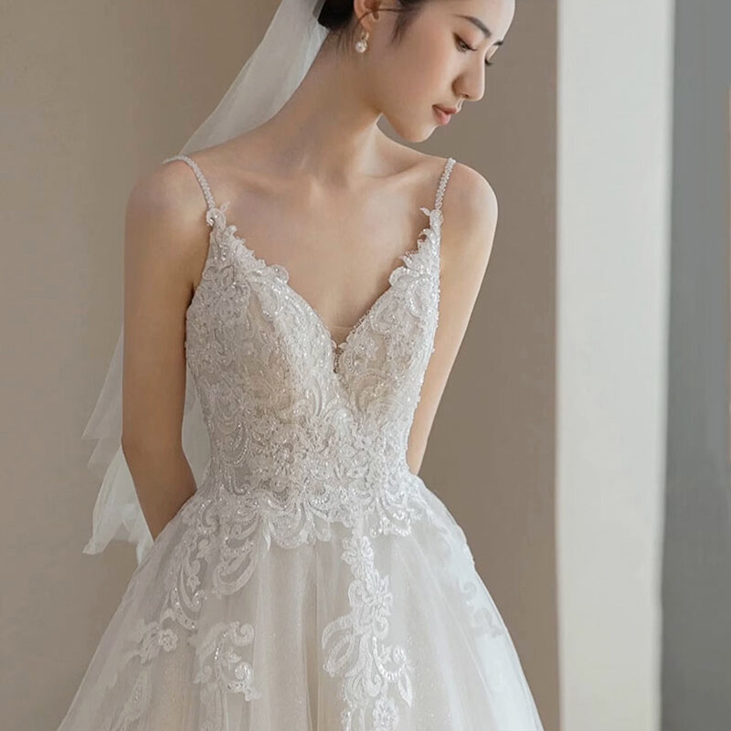 2024 Lace Wedding Dresses Women Tulle Boho Appliques Bridal Gowns Spaghetti Straps V-Neck Vestidos De Novia Casamento Civil