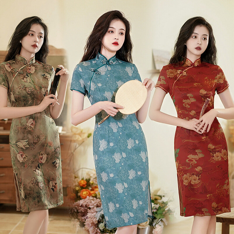 전통 섹시 치파오 모던 프린트 치파오, 젊은 개량 우아한 여성 중국 드레스, 여름
