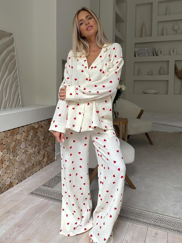 Hiloc Love Print Cotton Pajamas For Women Single-Breasted Pocket New In Women's Sleepwear Lapel Long Sleeve Woman Clothing 2023