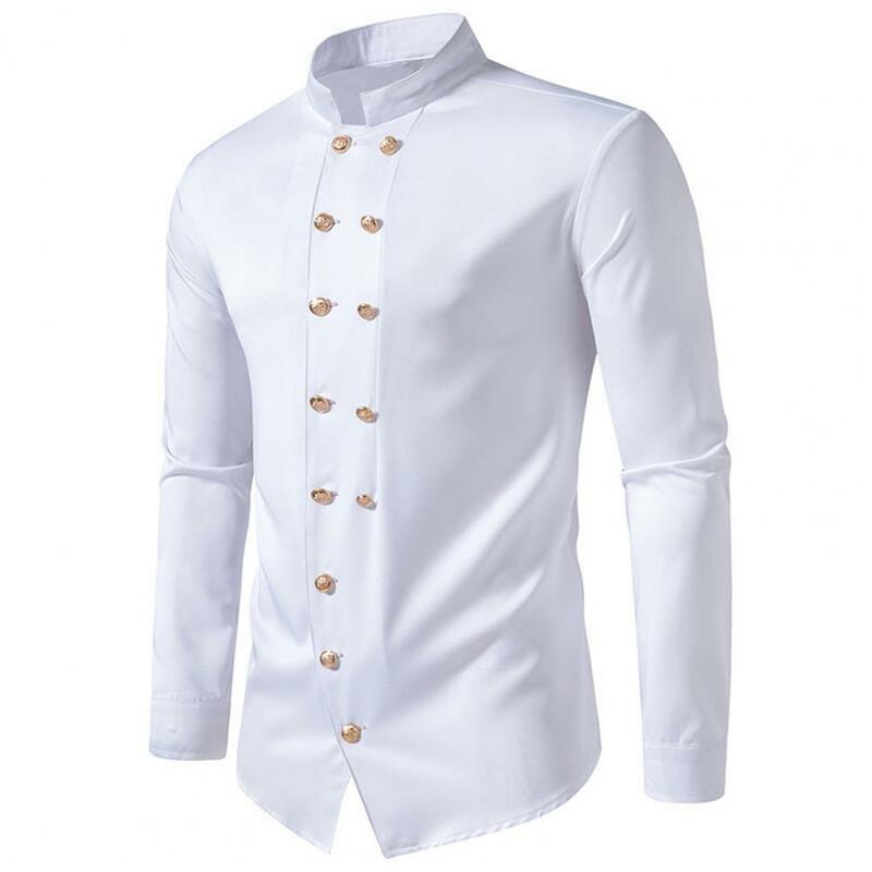 Chemise vintage élégante à double boutonnage pour hommes, col montant, coupe couvertes, haut formel, style royal rétro, confort