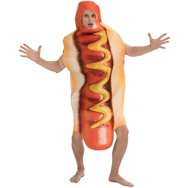 Adult Kids Funny  Print Food Sausage Hot Dog Costumes Halloween Men Women Family One-Piece Pizza Costume Carnival Food Costume