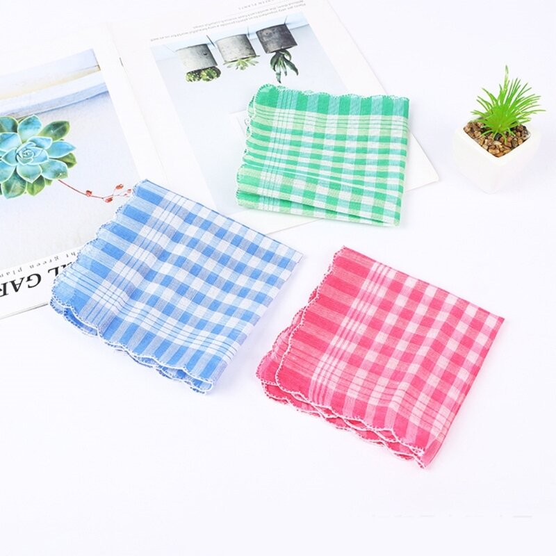 Cotton Checked Handkerchief Towel for AllAge Big Bandanas Towel Facecloth Women Man Sweat Wipe Towel Accessories 5PCS