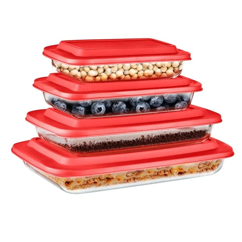 4 Sets of High Borosilicate with PE Lid, Heat-Resistant, Non-Slip Design, Convenient to Use & Easy to Clean, Color Red