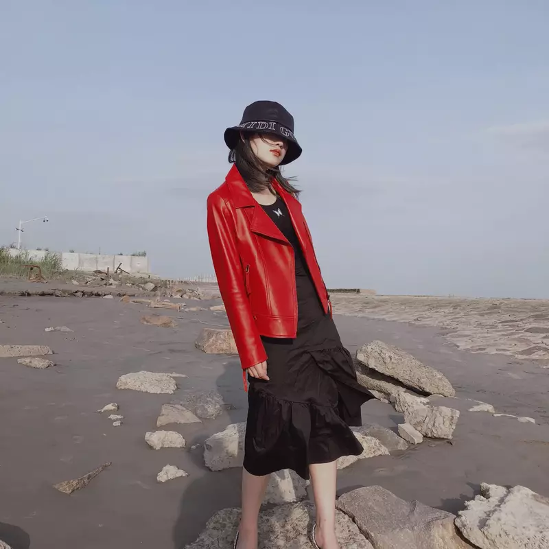 Tajiyane – veste en cuir véritable pour femme, manteau de moto en peau de mouton, vêtement féminin, printemps-automne, WPY828