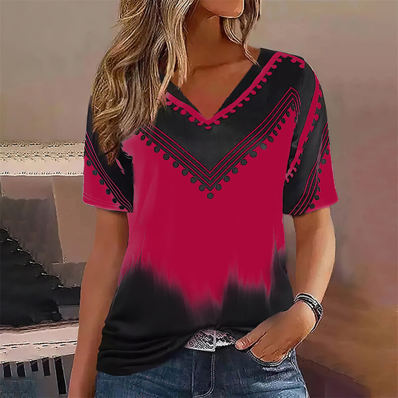 Fashion kaus bergaris-garis wanita, atasan dasar lengan pendek leher V gradien bercetak garis-garis musim panas ukuran besar