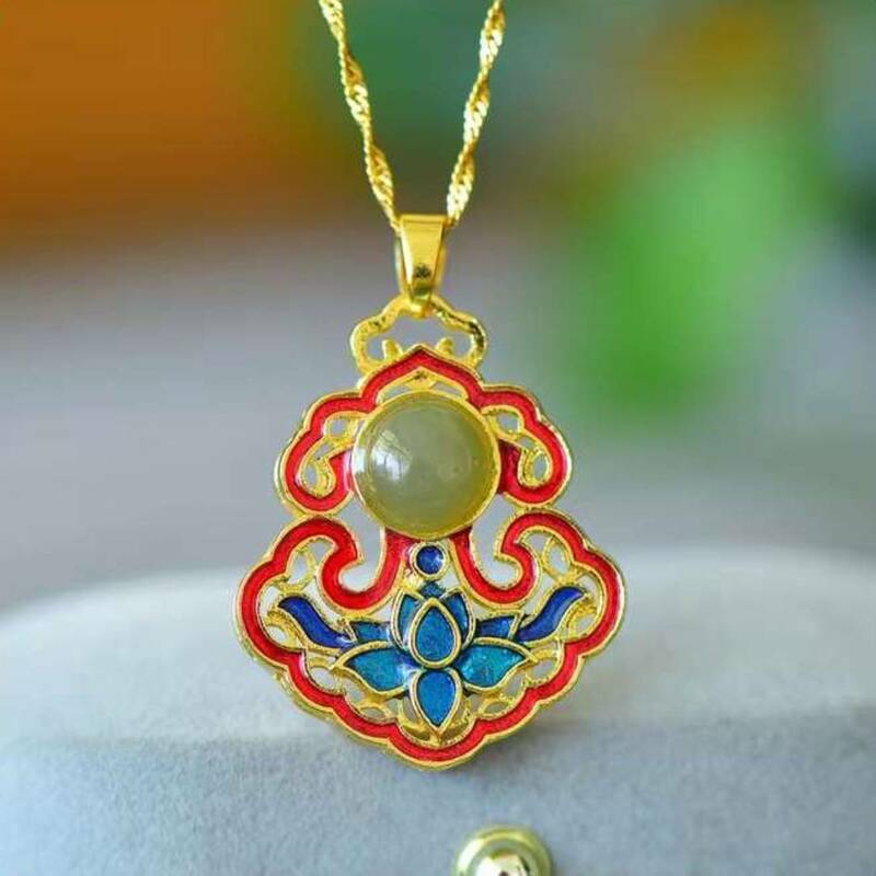 Rame intarsiato con fiore di buon auspicio di giada Hetian naturale🌸Ciondolo Color smalto collana donna gioielli regali