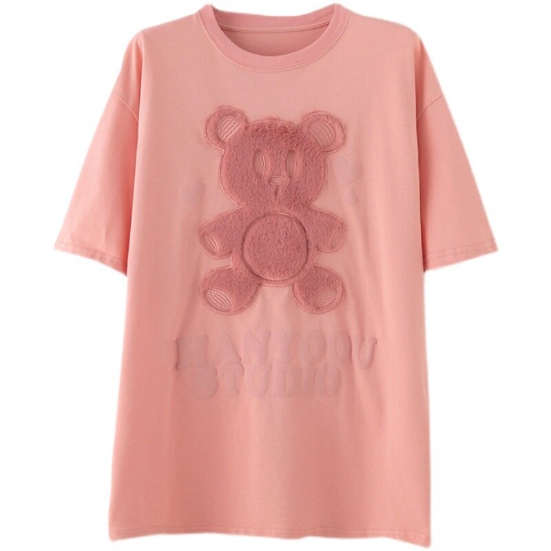 중공업 만화 곰 자수 핑크 중간 길이 반팔 티셔츠 탑, 여성용