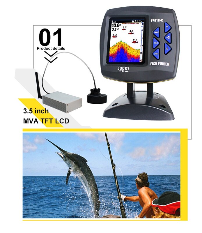 Detector de peces FF918CWLS, Detector de cámara de detección de eco, operación inalámbrica, 980 pies, rango de operación de 45 grados