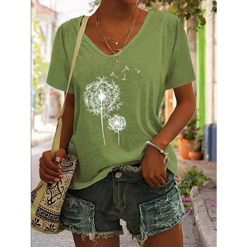 Camiseta con estampado 3D para mujer, ropa informal con cuello en V, jersey verde holgado de manga corta, de gran tamaño, nueva moda de verano