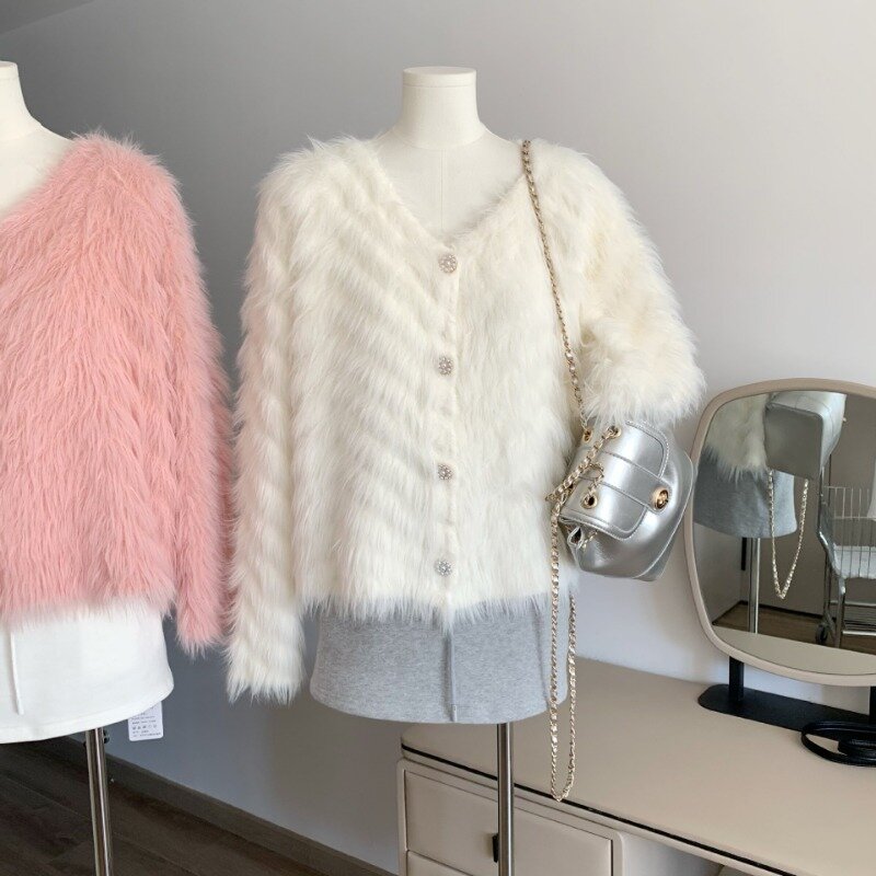 2023 Autumn Winter New Long Wool Mink-like Soft Glutinous Thick Knit Cardigan Women Faux Fur Coat Casual Warm Long Sleeves Top