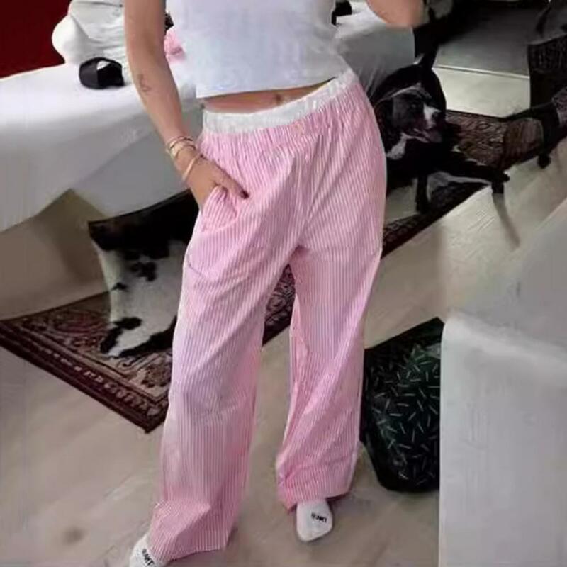 Wide Leg Trousers Stylish Vertical Stripe High Waist Wide Leg Pants with Pockets for Women Summer Work Leisure Trousers Long