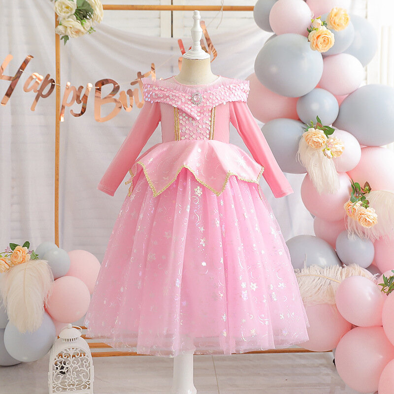 Aurora Cosplay Pink Princess Dress Birthday Theme Party Long Sleeve Elegant Ball Gown Halloween Event Festival Party Costume