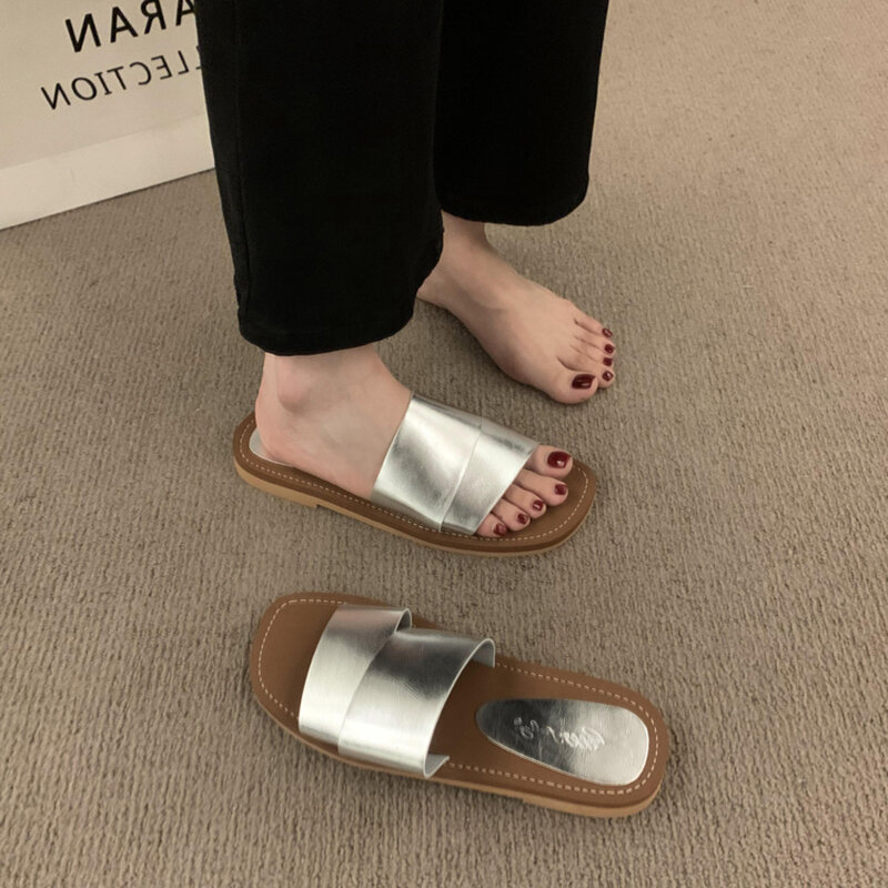 Open Toe Flats Heel Slides para Mulheres, Designer de Verão Chinelo, Senhoras Gladiador Sandália de Praia Sapatos, Moda Conforto