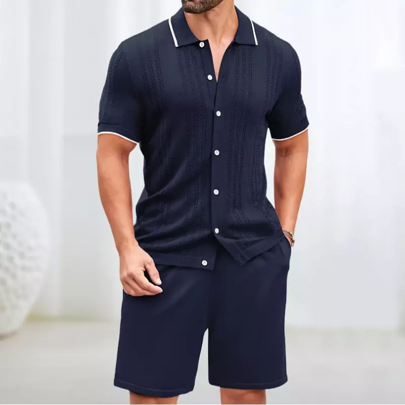 Costumes en tricot monochromes décontractés pour hommes, manches courtes, chemise boutonnée à revers et short, ensembles de 2 pièces, survêtement Slim Fit, tricots d'été
