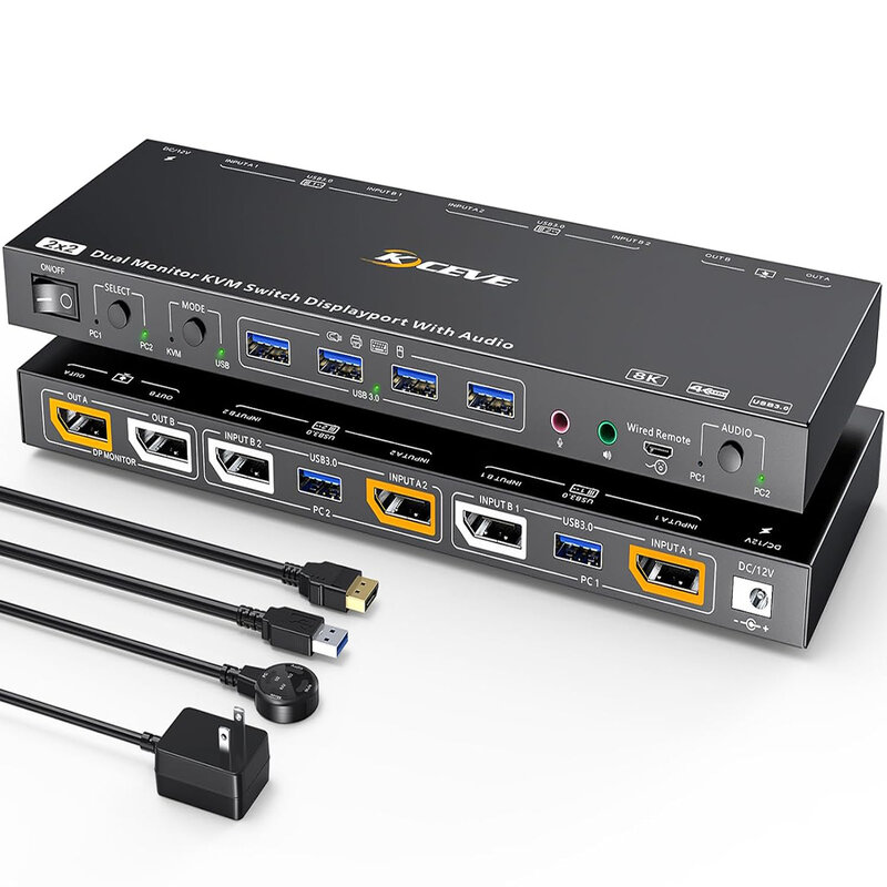 Switch KVM USB com Controle por Voz, 2 Monitores, 4 HUB USB 3.0, Suporta Modo KVM e Modo USB, DisplayPort, 8K @ 30Hz, 4K @ 144Hz