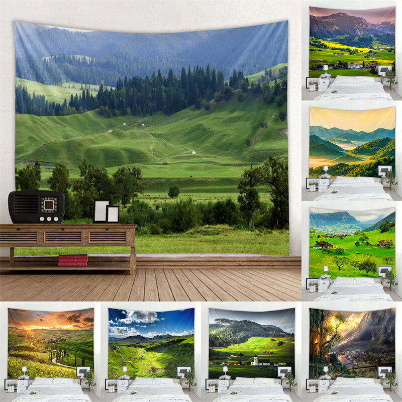 Tapisserie murale avec motif de paysage de prairie, feuille murale, style plateau, confection de serviettes, feuille murale