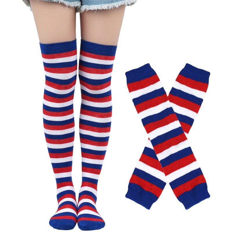 4th of July Thigh High Socks Striped Knee High Socks Arm Sleeves Set Patriotic Long Socks Over Knee Socks Leg Warmers