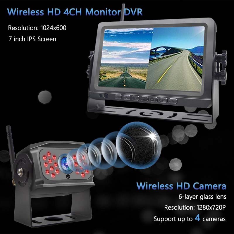 7'' 4CH Car/RV/Truck AHD Monitor System Wireless WIFI DVR Vehicle CCTV Front/Rear Camera IR Night Vision Reversing  Recorder
