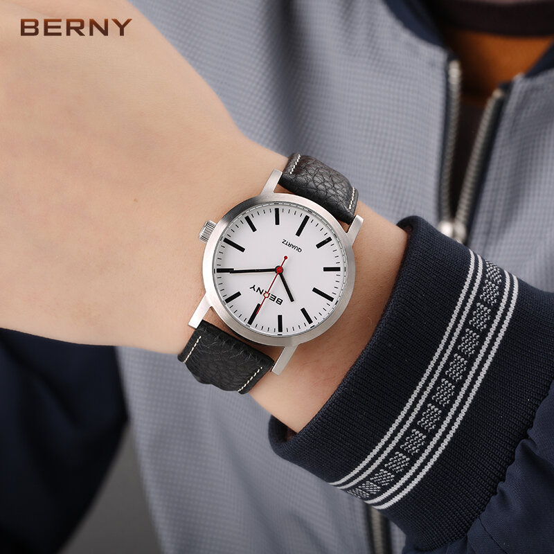 BERNY-reloj analógico de cuarzo para hombre, accesorio de pulsera resistente al agua con correa de cuero, complemento masculino de marca de lujo con diseño de ferrocarril a la moda