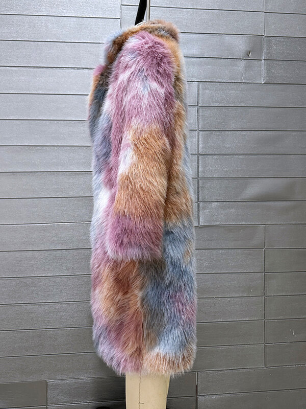 Fashion Colorful Tie Dye Print Lapel Long Fur Coat Women Thick Warm Winter Outerwears Furry Overcoat Fluffy Jacket Faux Fur Coat
