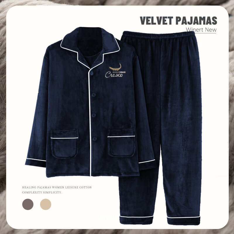 Conjuntos de pijama de flanela comprida masculino, terno coral de veludo pijama, pijama quente, roupas Homewear, inverno, plus size, 2024