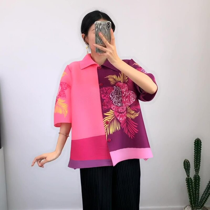 Miyake-chaquetas plisadas para mujer, ropa de mujer, nuevo estilo étnico estampado, cuello vuelto, botonadura única, holgada y elástica, primavera 2023