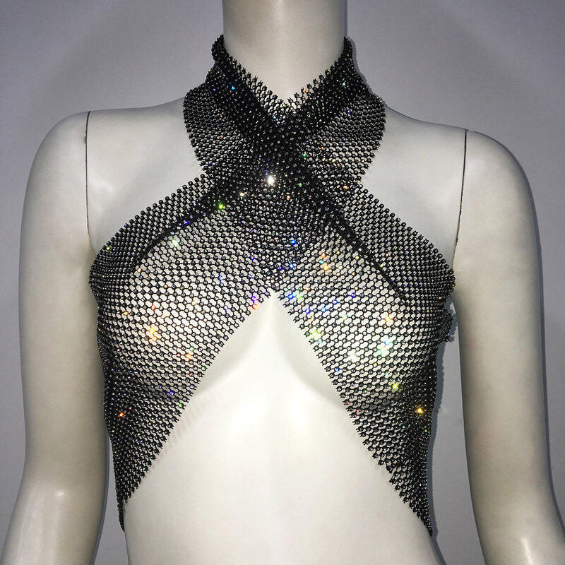 Sexy Women's Clothing Rhinestones And Personalized Straps, Cross Wrapped Chest Top, Nightclub Spicy Girl With Diamond