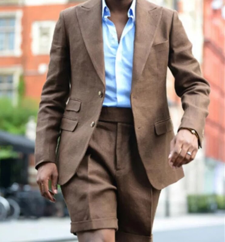 Setelan kain Linen pendek Pria, Blazer celana pendek runcing 2 potong, pakaian jalanan kasual pria musim panas/Set kostum mode Homme