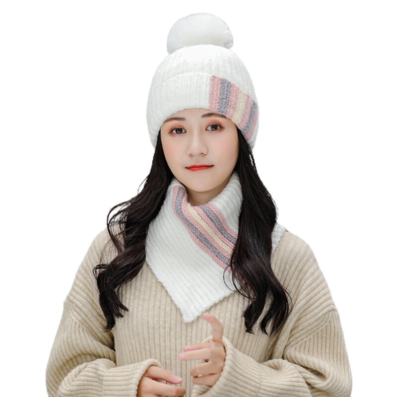 Gorro invierno tejido 2 piezas para mujer, conjunto bufanda circular con cuello alto y rayas colores contrastantes,