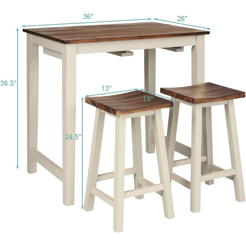 Set of 3 Bar Height Bar Tables with 2 Saddle  Stools, Collection Table Set for Living Room, Kitchen, Small Space