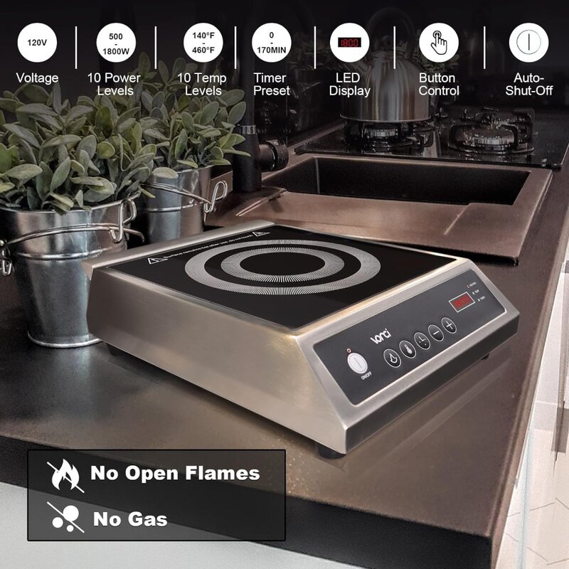 1800W Portable Countertop Burner, For Pro Chef, Stainless Steel Housing, 10 Temp Levels, Timer Preset, Auto-Shut-Off.