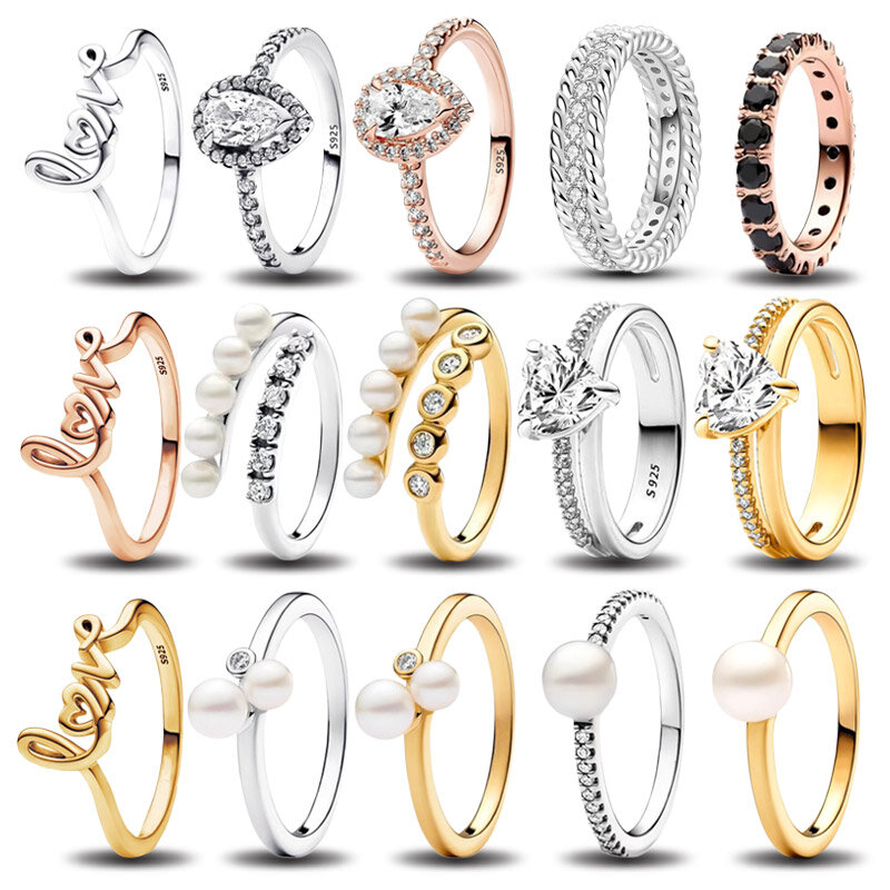 Cincin dua pita mutiara & Pavé, cincin perak murni 925 untuk wanita desain zirkon, cincin berkilau asli, hadiah perhiasan DIY