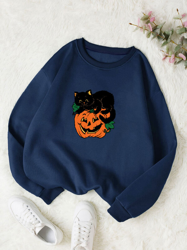 interest Black cat pumpkin Halloween Sweatshirt Gothic retro casual fashion harajuku street style unisex Fleece Sweatshirt