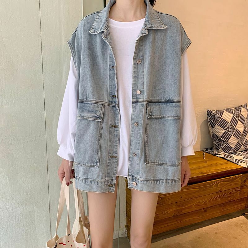 ins cargo waistcoat denim jacket women spring and autumn outside to wear Hong Kong wind with loose sleeveless vest early autumn