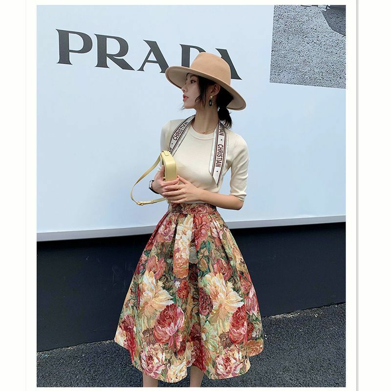 Spring Female Flower Vintage Print Elegant Skirts Women Faldas Aesthetic Jacquard High-waisted Long Pleated Pockets Skirt Q530