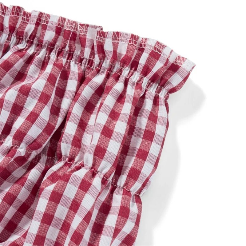 กางเกงขาสั้นยืดหยุ่นเสื้อผ้า Y2k หวานมีระบายเอวต่ำลายสก๊อตสีแดงและสีขาวลายสก๊อตเอวต่ำของผู้หญิง