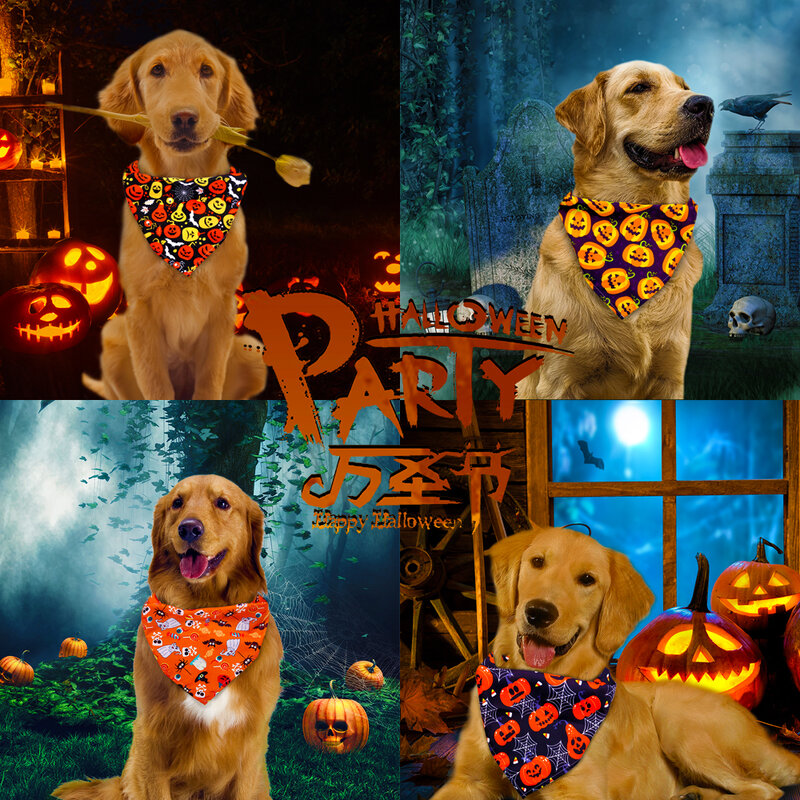 50 Buah Bandana Anjing Halloween Persediaan Hewan Peliharaan Anjing Kecil Kucing Anak Anjing Syal Liburan Aksesori Anjing Labu Tengkorak Anjing Bandana