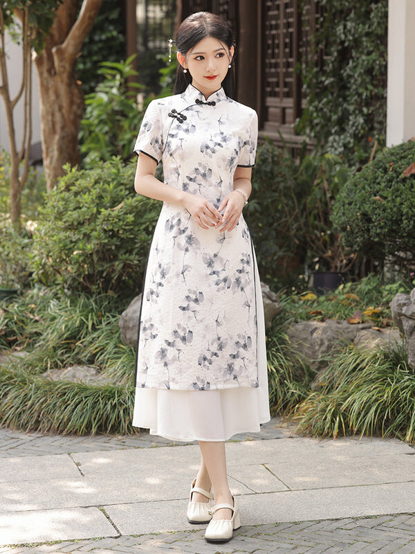 Hoge Kwaliteit Mode Verbeterde Zijde Aodai Cheongsam Print Korte Mouw Vintage Jurk Vrouwen Kostuums Qipao S Tot 4xl