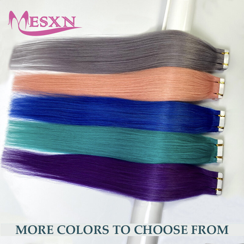MESXN 컬러 테이프 헤어 익스텐션, 자연스러운 실제 인모 익스텐션, 보라색, 파란색, 핑크, 회색, 18-20 인치, 2g/피스