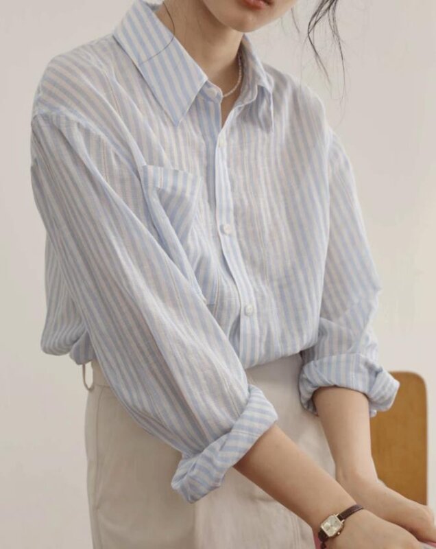 Miiiix French Fashion Blue Stripe protezione solare camicia cappotto 2024 primavera donna sottile camicia allentata di alta qualità Top abbigliamento femminile