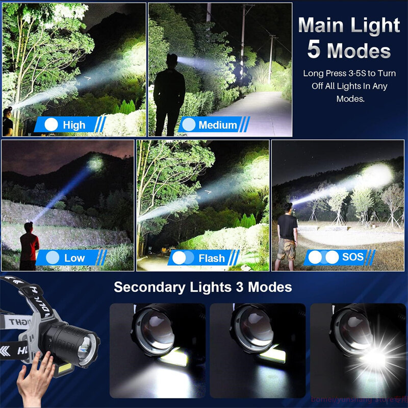 Super brilhante farol impermeável, lâmpada principal Zoomable, lanterna, luz ao ar livre, 1200000LM, XHP160