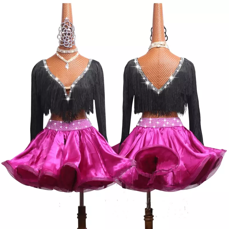 Women Latin Dance Dress Competition Costumes Performance Clothing Children's Black V-neck Long-sleeved Tassel Fishbone Skirt